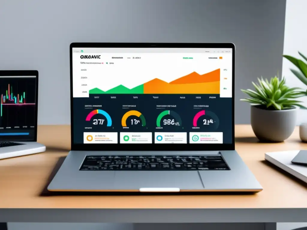 Laptop moderno con dashboard SEO Laptop moderno en escritorio blanco con dashboard SEO: tráfico orgánico, rankings, conversiones y ganancias