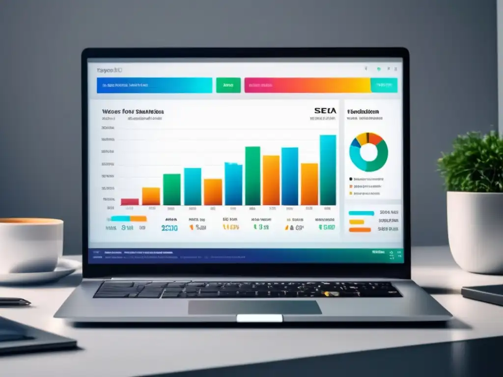 Laptop moderno con pantalla de alta resolución y dashboard de SEO Laptop moderno con pantalla vibrante, dashboard SEO detallado y gráficos coloridos: éxito en marketing de afiliados