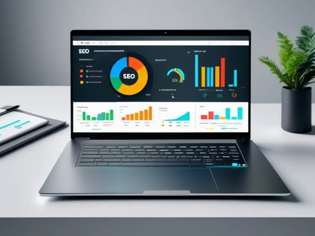 Laptop moderno en escritorio blanco con herramientas de SEO para marketing de afiliados