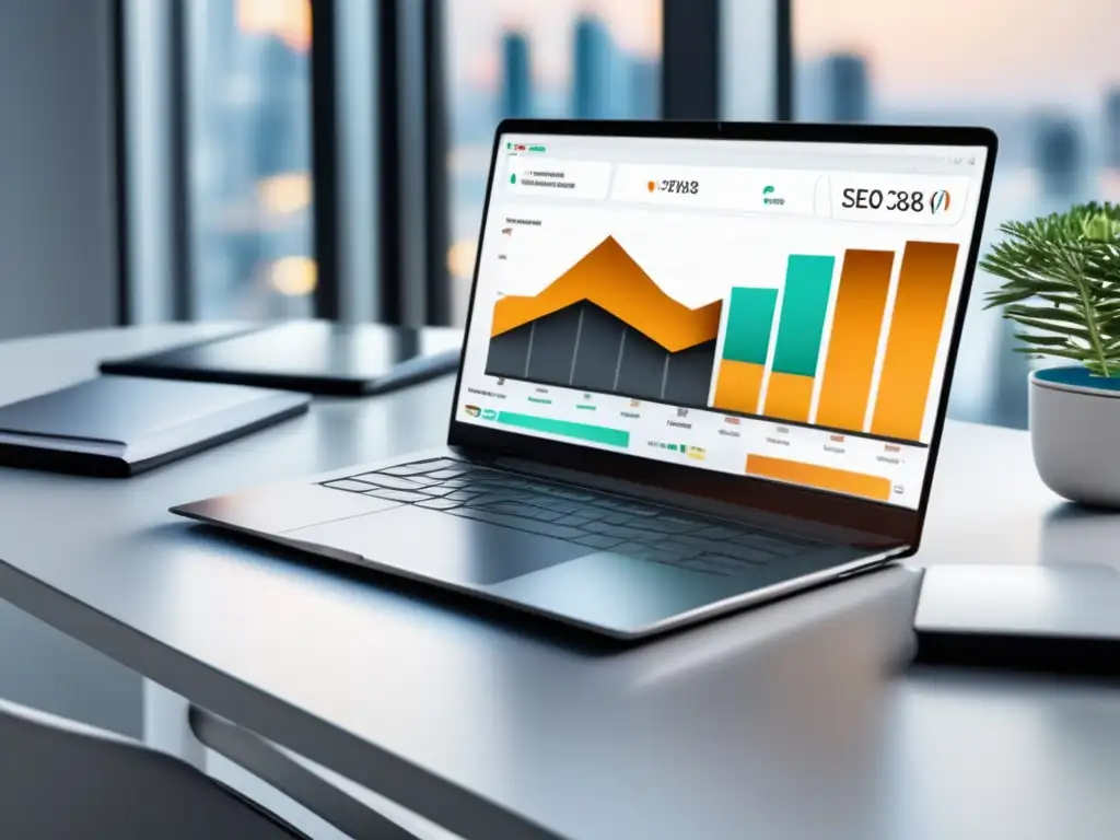 Herramientas de SEO para marketing de afiliados: laptop moderno en escritorio blanco con dashboard visualmente cautivador