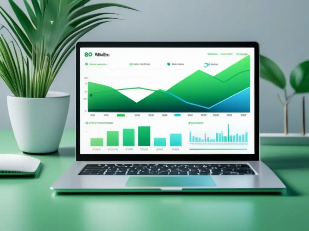 Imagen de laptop y elementos fitness con gráfico de SEO Laptop blanco en un escritorio minimalista con gráfico de crecimiento de tráfico web y elementos de fitness