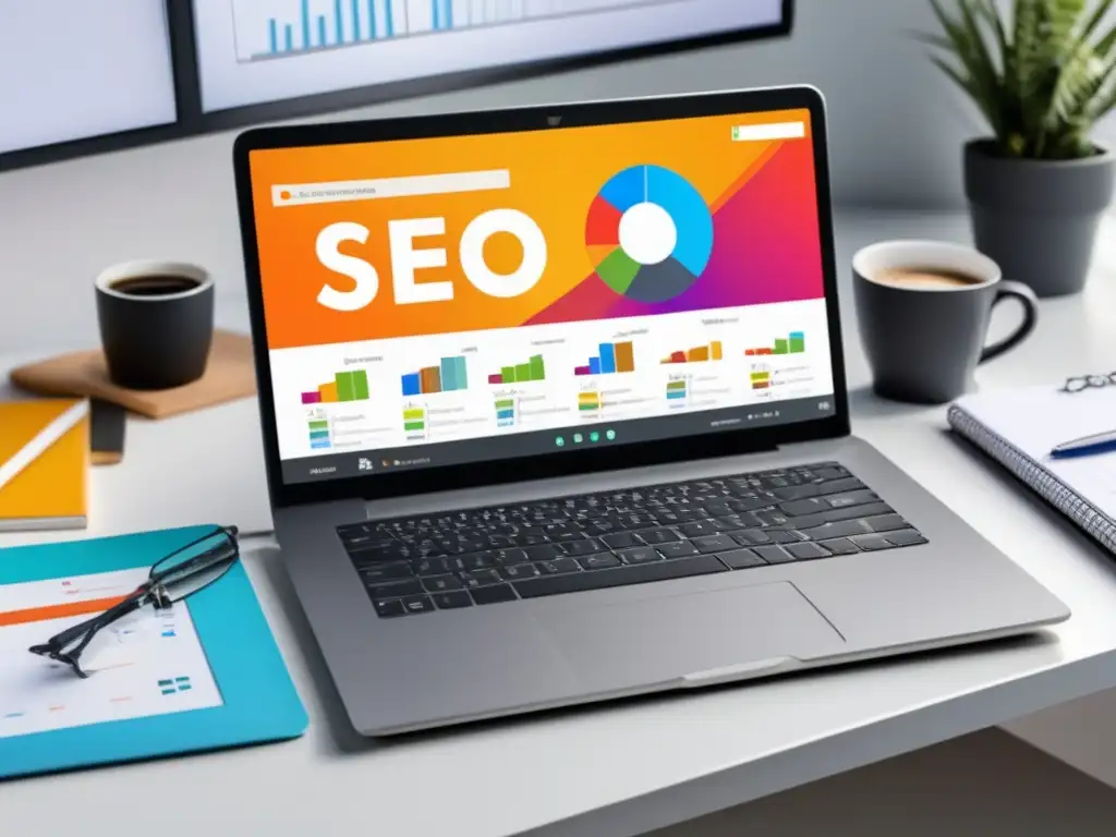 Laptop SEO: Herramientas y métricas vibrantes Laptop moderno con herramientas de SEO para marketing de afiliados