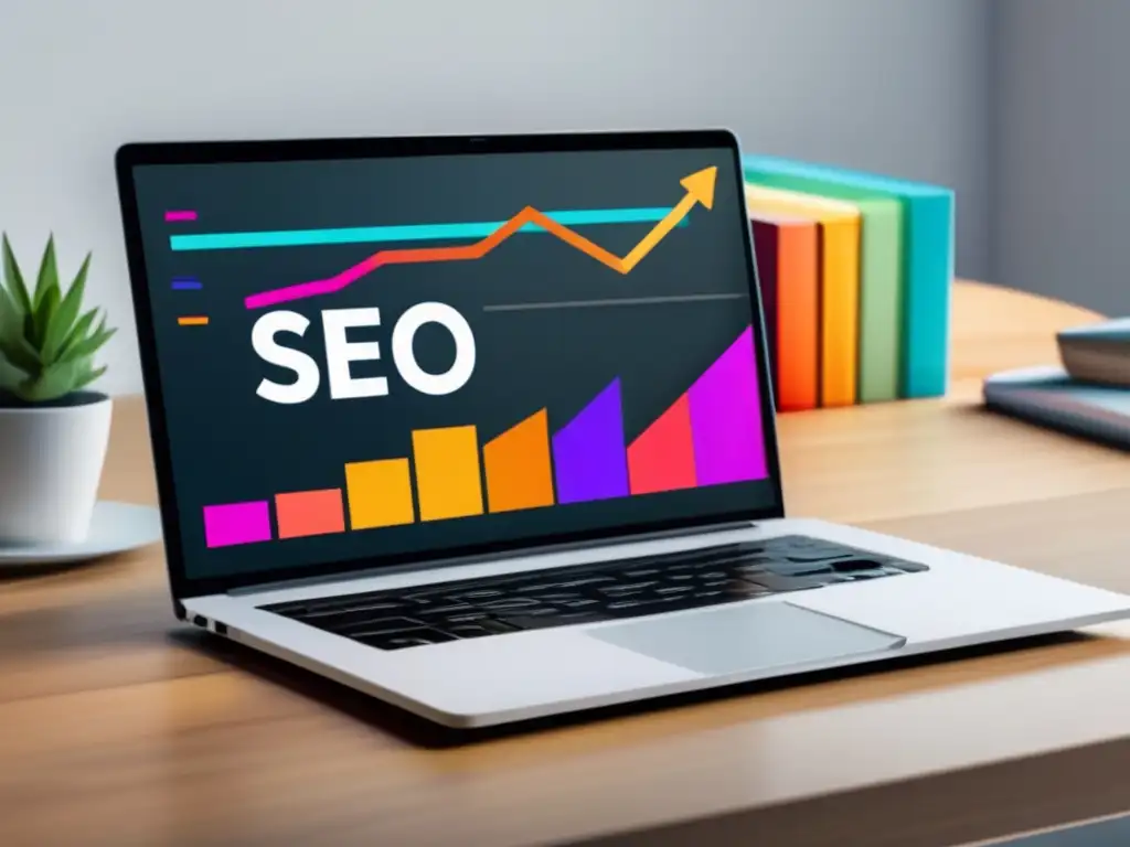 Laptop y gráfico SEO Influencia del SEO en el marketing de afiliados: laptop moderno en escritorio de madera, pantalla muestra gráfico vibrante de crecimiento y éxito