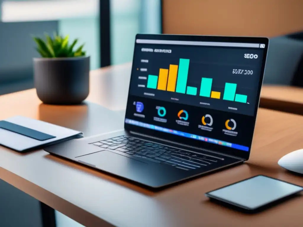 Herramientas de SEO para afiliados Herramientas de SEO para afiliados en un elegante portátil con dashboard lleno de métricas y gráficos