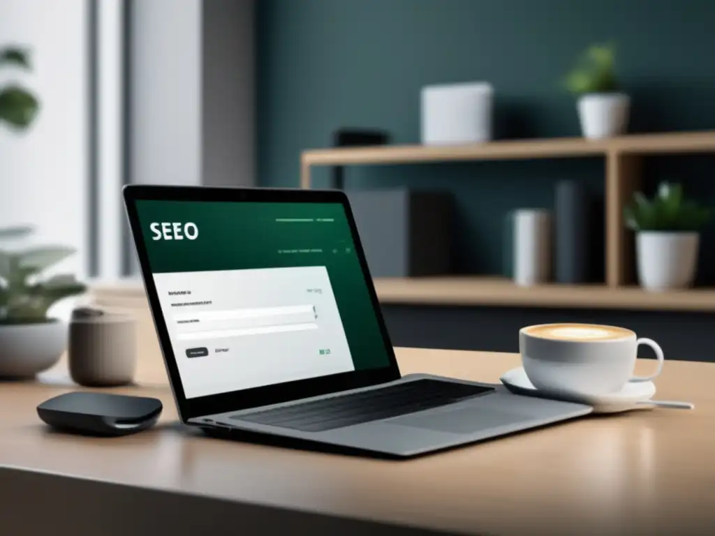 Espacio de trabajo minimalista con laptop, cuaderno y taza Espacio de trabajo minimalista con laptop, cuaderno y taza de café - Estrategias de SEO para el marketing de afiliados