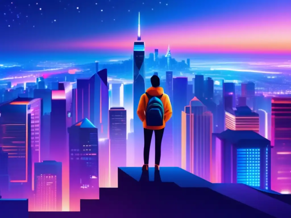 Ciudad nocturna con edificios iluminados y SEO Imagen de ciudad nocturna con técnicas probadas de SEO para aumentar ventas como afiliado