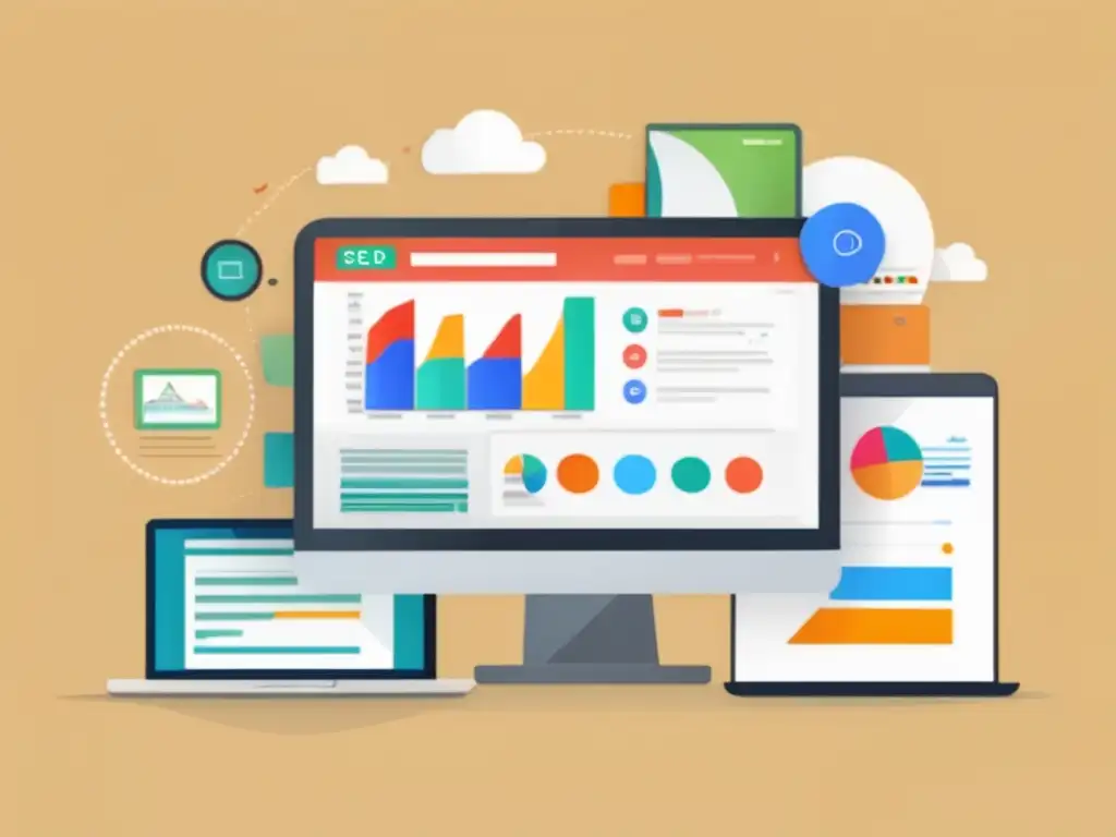 Herramientas SEO para marketing de afiliados Ilustración minimalista y moderna de SEO con herramienta de investigación de palabras clave, optimización onpage y link building
