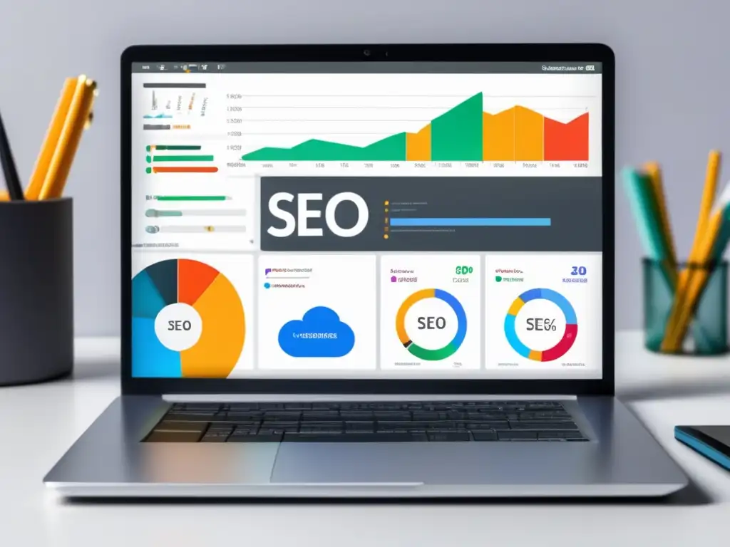 Laptop SEO: herramientas, métricas y gráficos Laptop moderno con herramientas y métricas SEO, ideal para marketers afiliados