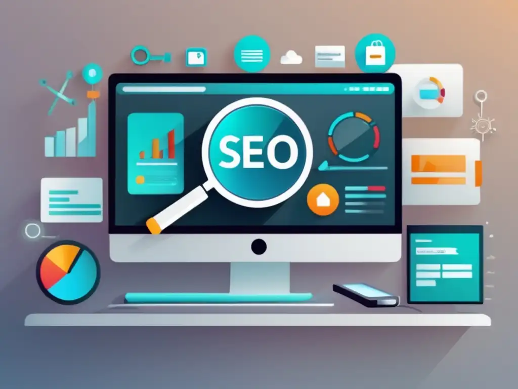Ilustración moderna de una lupa sobre una pantalla de computadora con herramientas y análisis de SEO