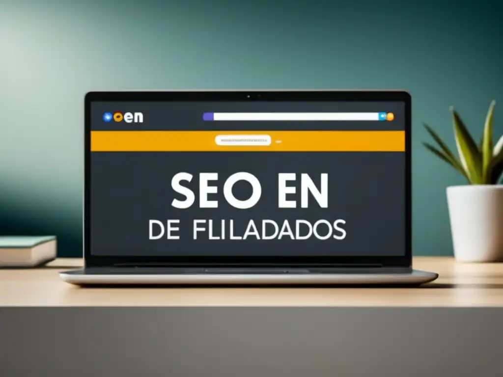 SERP destacado con SERP SEO en marketing de afiliados: pantalla laptop minimalista, SERP con snippets visuales y resultados orgánicos