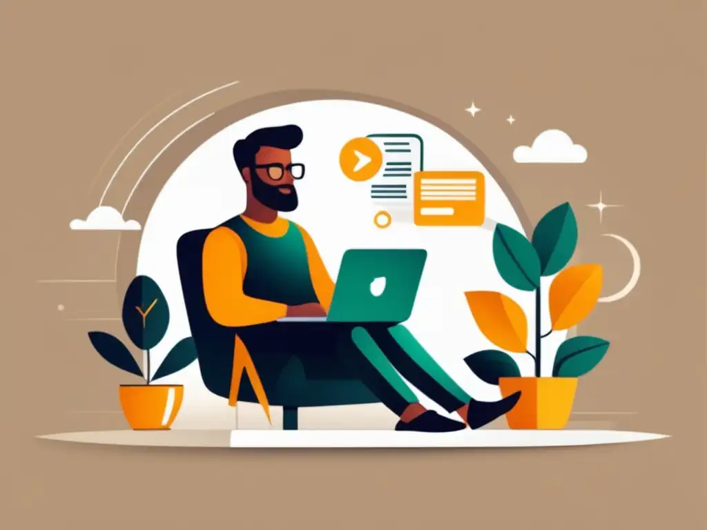Ilustración moderna de persona en silla con laptop Prácticas éticas de marketing de afiliados: persona en silla con laptop, estilo minimalista y moderno