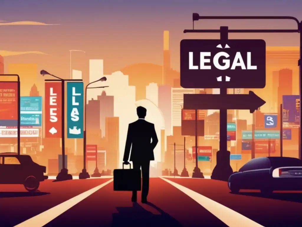 Silueta profesional en encrucijada con carteles y dilemas éticos Dilemas éticos en marketing de afiliados con personaje en cruce de caminos rodeado de vallas publicitarias y símbolos contrastantes (110 caracteres)