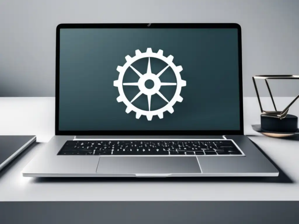 Laptop moderno con gráficos minimalistas de engranajes Laptop moderna con gráfico de engranajes, simbolizando herramientas de marketing de afiliados