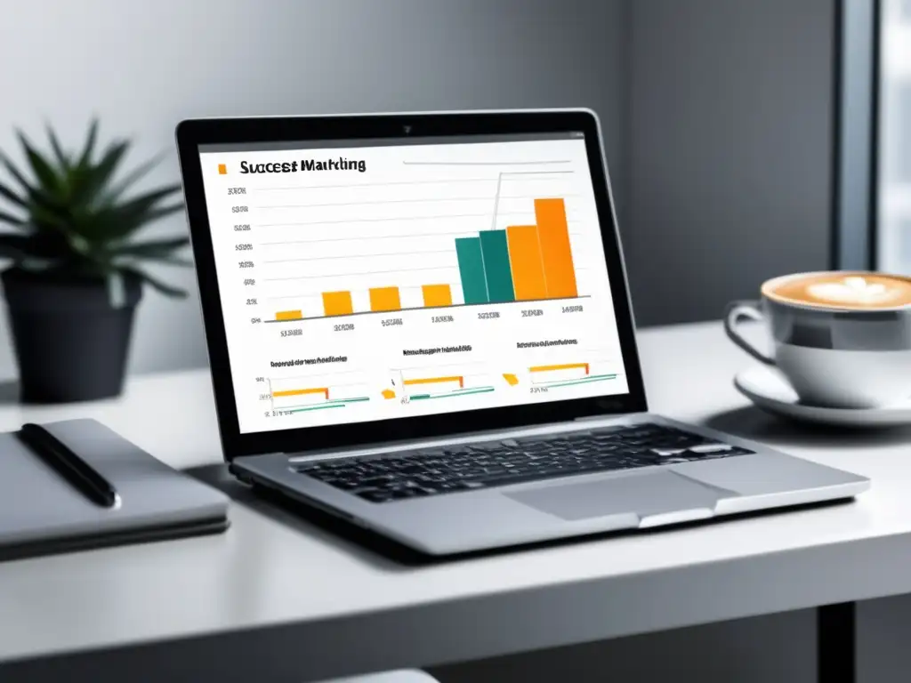 Espacio de trabajo minimalista con éxito en marketing de afiliados Espacio de trabajo minimalista con laptop, cuaderno y café en un escritorio blanco