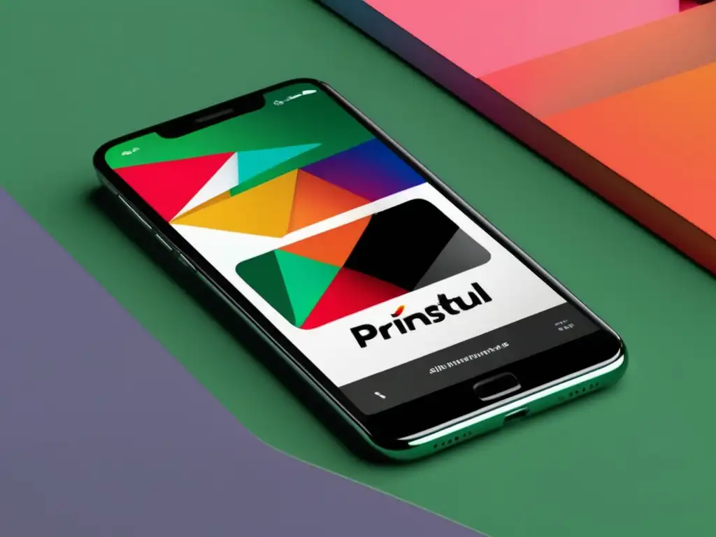 Smartphone moderno con logo Printful Éxito del programa de afiliados de Printful con diseño minimalista y vibrante