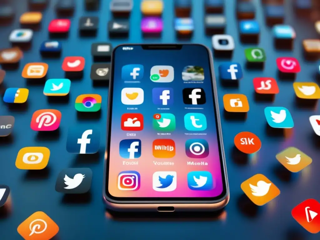 Smartphone minimalista con pantalla vibrante que muestra iconos de redes sociales