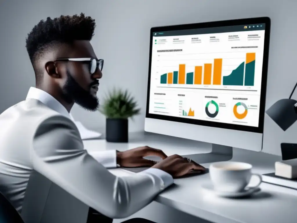 Profesionalidad en el escritorio de afiliados Persona en escritorio moderno con laptop y herramientas de SEO para afiliados de marketing