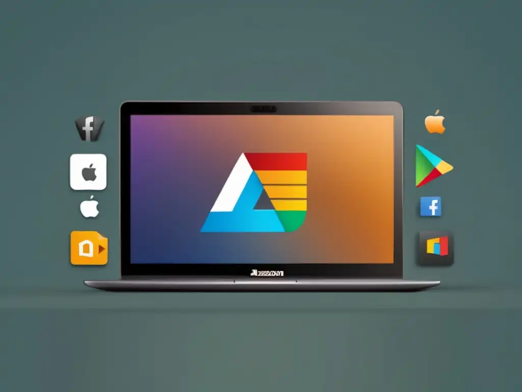 Tecnología y marcas de renombre Laptop minimalista rodeado de iconos de Amazon, Microsoft y Apple, representa programas de afiliados de tecnología más rentables