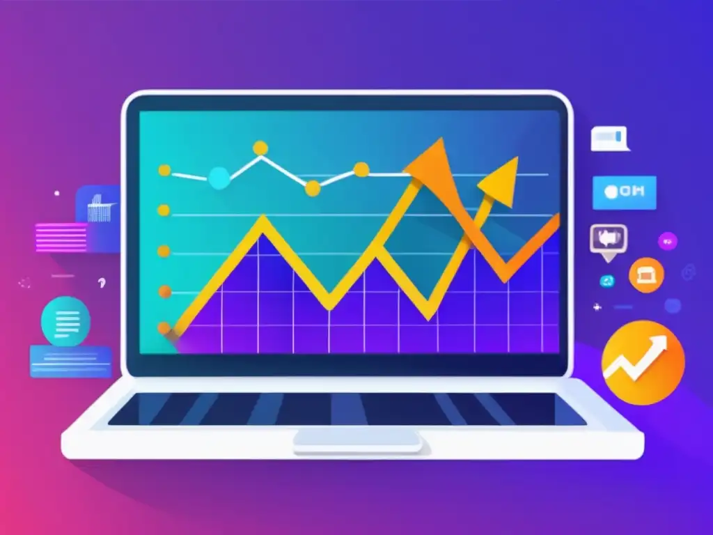 Pantalla de laptop con diseño minimalista y moderno, muestra gráfico de tendencias en marketing de afiliados