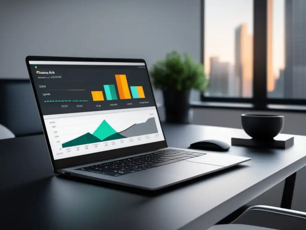 Espacio de trabajo moderno y minimalista Escritorio minimalista con laptop, teclado, mouse, SEMrush, planta y ciudad borrosa (herramientas de afiliados)