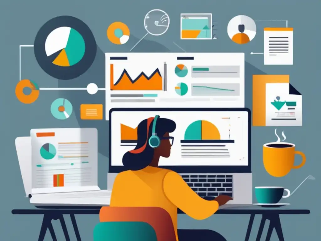 Profesional trabajando en optimización Persona trabajando en un escritorio, creando contenido y optimizando, con elementos representativos