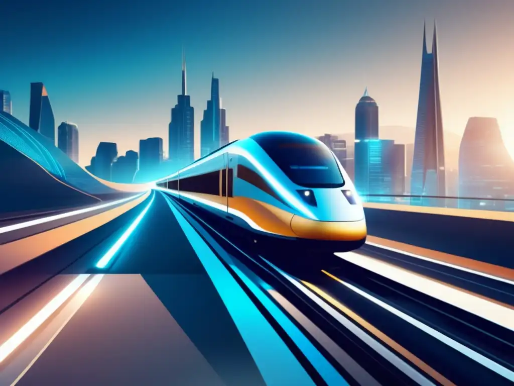 Velocidad y eficiencia de un tren de alta velocidad Imagen de tren de alta velocidad en una vía futurista hacia una ciudad brillante