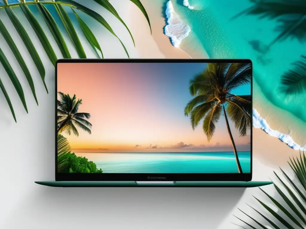 Laptop con vista aérea de paraíso tropical Laptop con imagen de paraíso tropical, perfecto para programas de afiliados de viajes