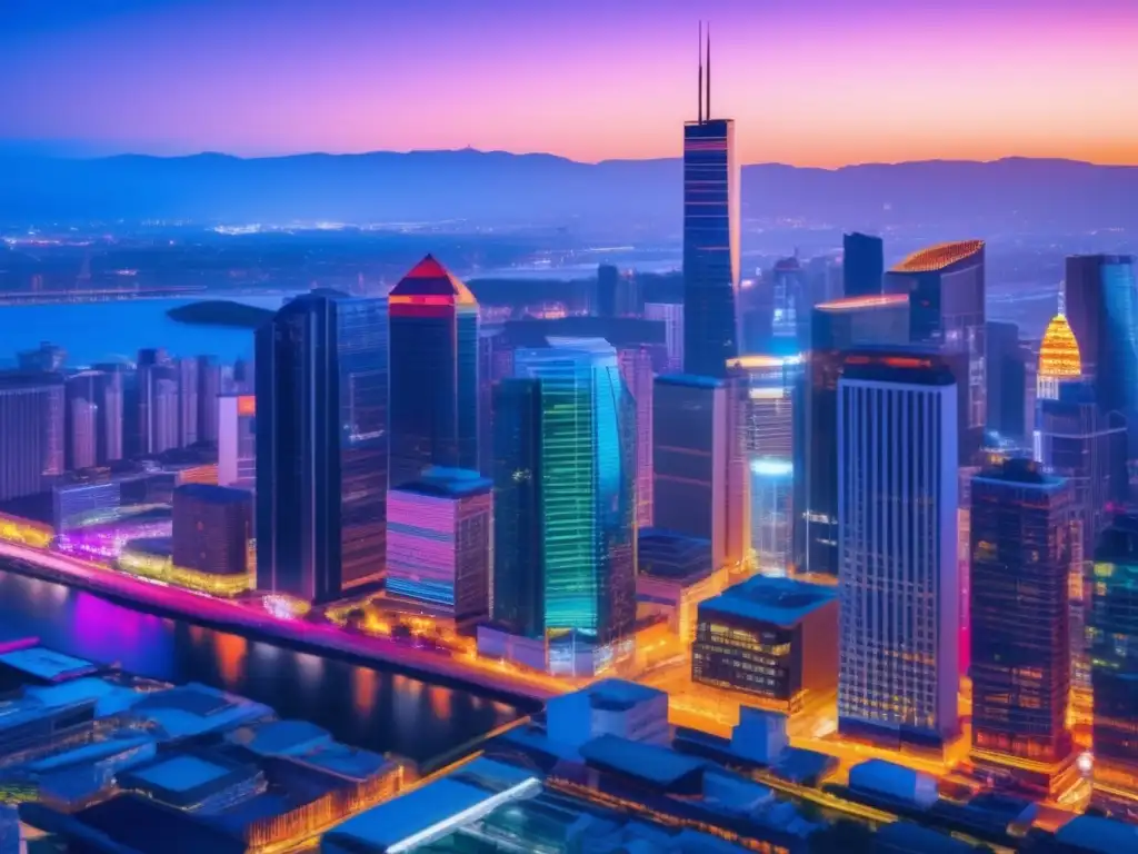 Ciudad vibrante iluminada con luces coloridas Técnicas de SEO para marketing de afiliados: Ciudad vibrante al anochecer