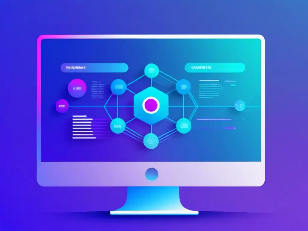 Visualización de datos moderna y minimalista Ventajas análisis datos programas afiliados: visualización moderna de datos en monitor con colores vibrantes y líneas conectadas