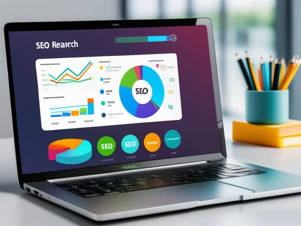Laptop con visualización de análisis de palabras clave y competidores Herramientas de SEO para afiliados de marketing en una imagen profesional y sofisticada