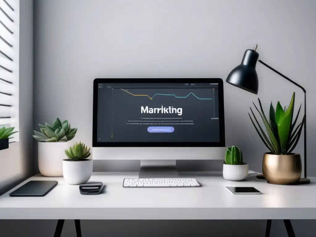 Espacio de trabajo moderno y productivo Espacio de trabajo minimalista con laptop y recursos de marketing de afiliados