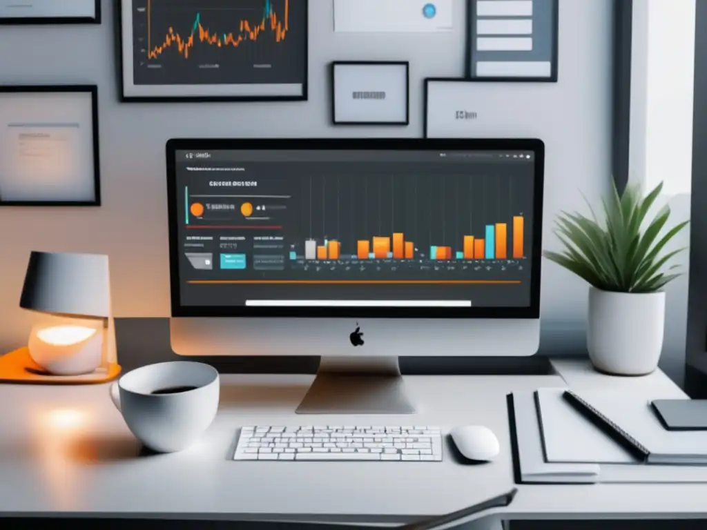 Espacio de trabajo moderno y minimalista Espacio de trabajo moderno con escritorio blanco, gráficos analíticos, elementos de papelería y luz suave