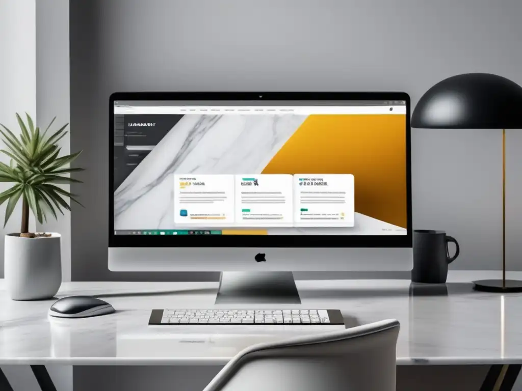 Espacio de trabajo moderno y sofisticado Escritorio minimalista con laptop, datos de marketing de afiliados y vista de la ciudad - Estrategias de marketing de afiliados exitosas