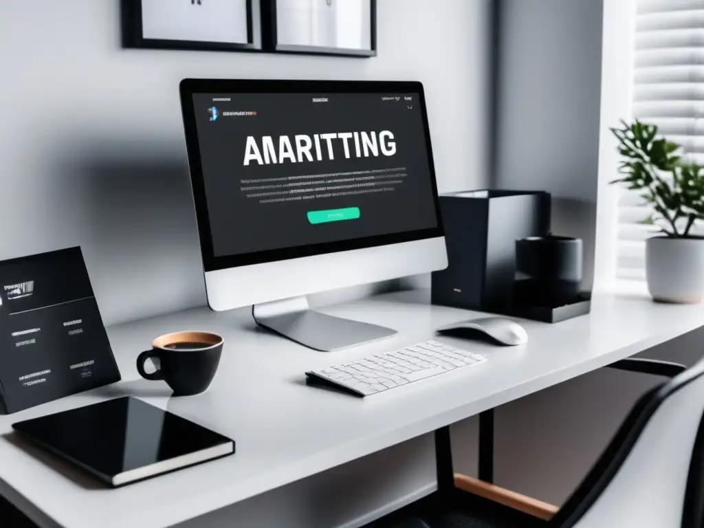 Espacio de trabajo minimalista y enfocado Espacio de trabajo minimalista con escritorio negro y monitor de alta resolución mostrando análisis y gráficos de marketing de afiliados
