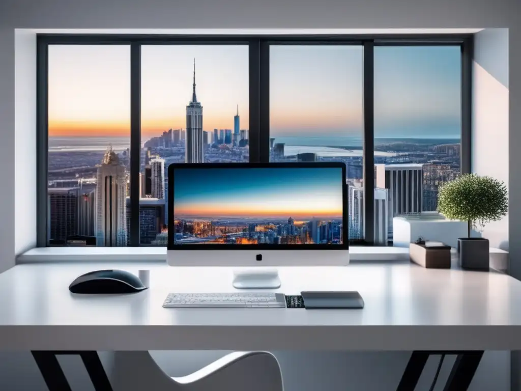 Espacio de trabajo minimalista y productivo Espacio de trabajo minimalista con escritorio blanco, monitor moderno, teclado y ratón inalámbricos