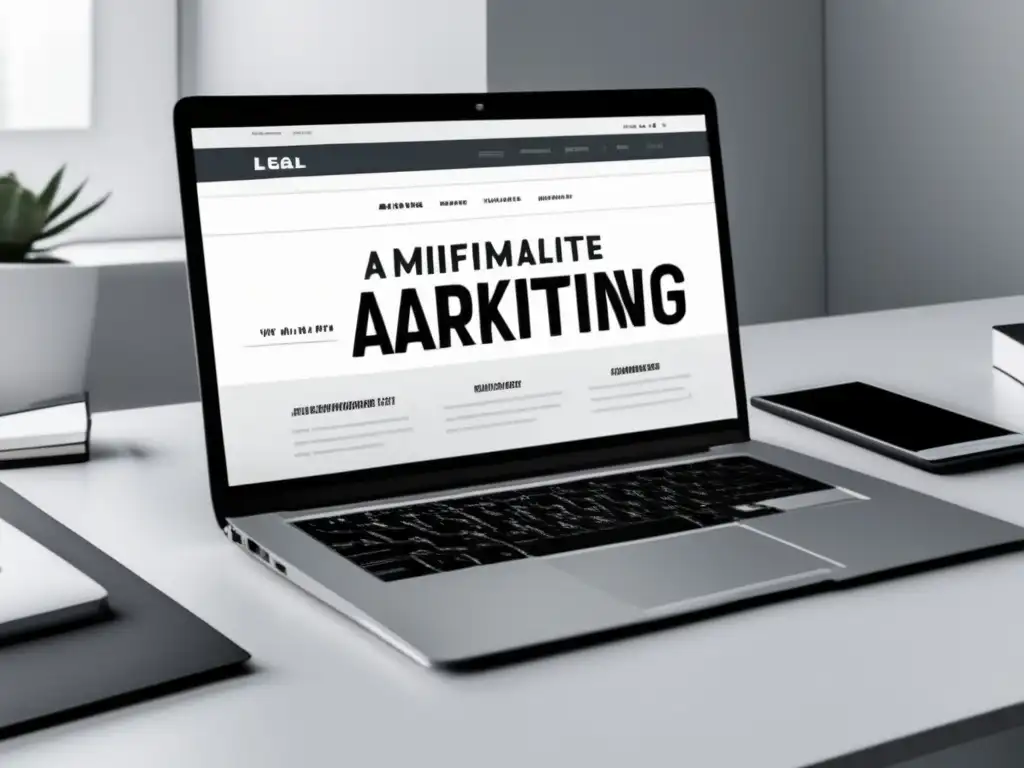 Espacio de trabajo minimalista y profesional Espacio de trabajo minimalista con escritorio blanco, laptop negra y herramientas legales para marketing de afiliados