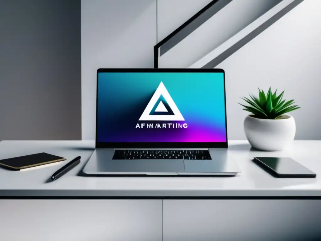Espacio de trabajo minimalista con gráfica vibrante y SEO Oficina minimalista con escritorio de mármol blanco, laptop plateada y elementos de papelería