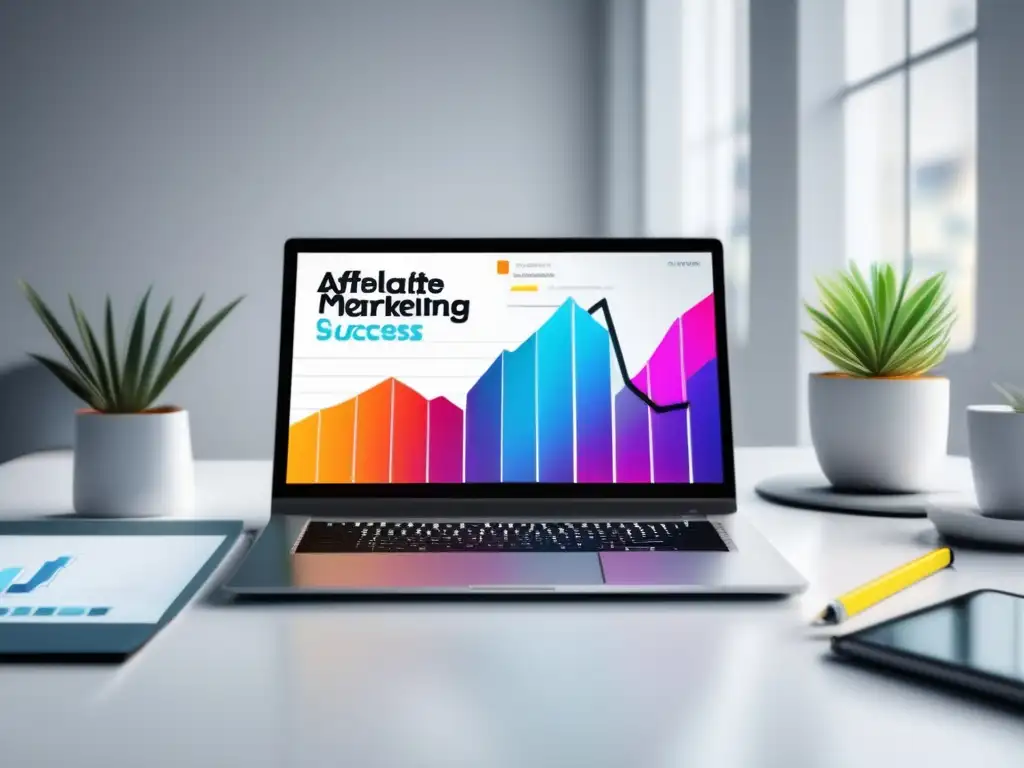 Espacio de trabajo minimalista con éxito en marketing de afiliados Imagen de un moderno espacio de trabajo con laptop en un escritorio blanco