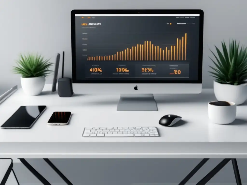Espacio de trabajo minimalista para éxito en marketing afiliado Un espacio de trabajo minimalista y organizado para optimizar ganancias en marketing de afiliados