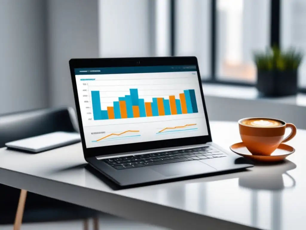 Espacio de trabajo minimalista con laptop y gráfico Laptop en escritorio blanco, muestra ganancias afiliadas y prácticas éticas
