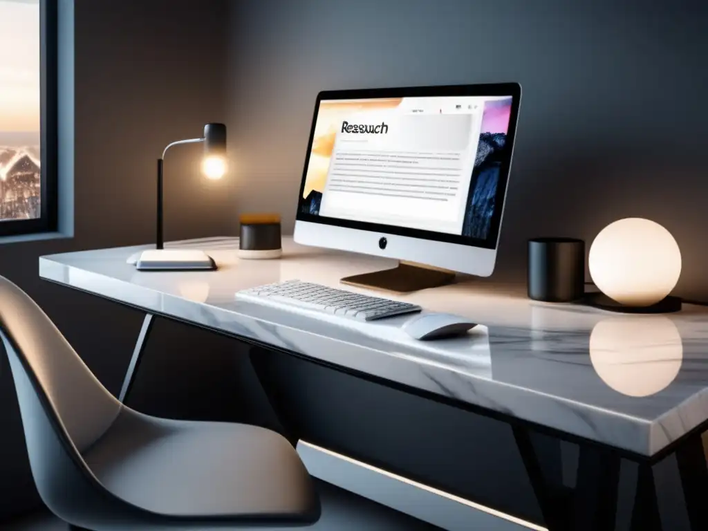 Espacio de trabajo minimalista y profesional Espacio de trabajo minimalista con escritorio de mármol blanco, laptop plateada y teclado inalámbrico, iluminado por lámpara minimalista