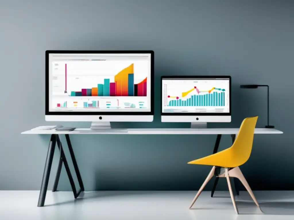 Espacio de trabajo moderno y minimalista Escritorio moderno y minimalista con gráficos y análisis, casos de éxito en el marketing de afiliados