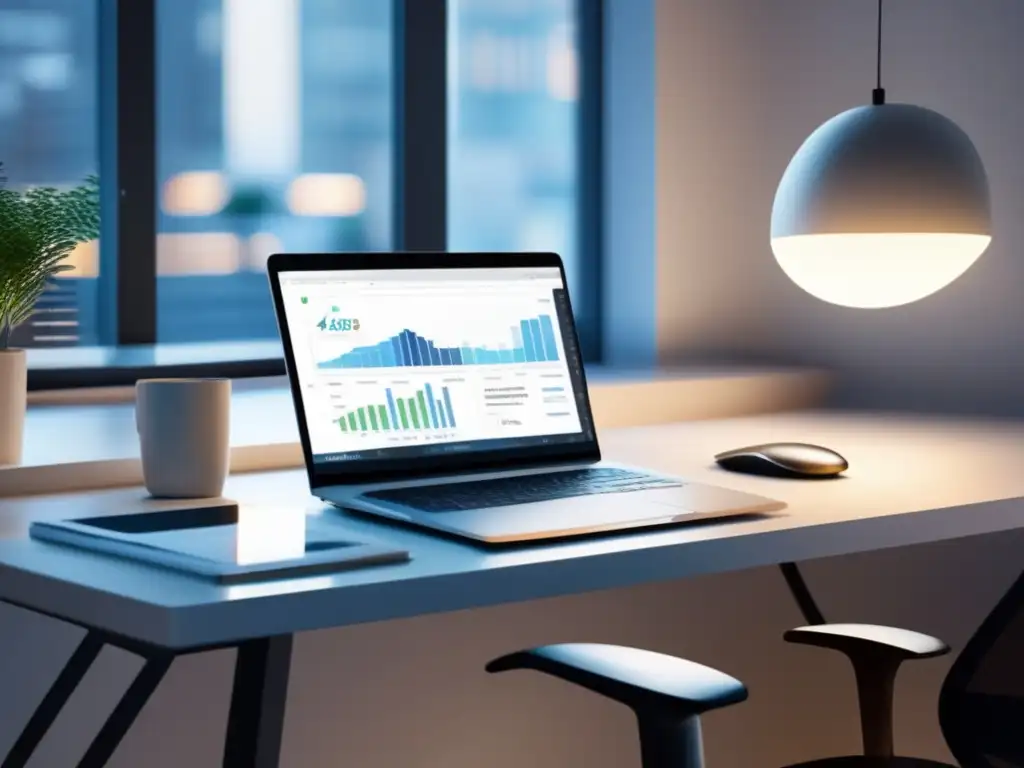 Espacio de trabajo moderno y minimalista Espacio de trabajo moderno con escritorio blanco y laptop, mostrando análisis de estrategias de marketing de influencers en programas de afiliados