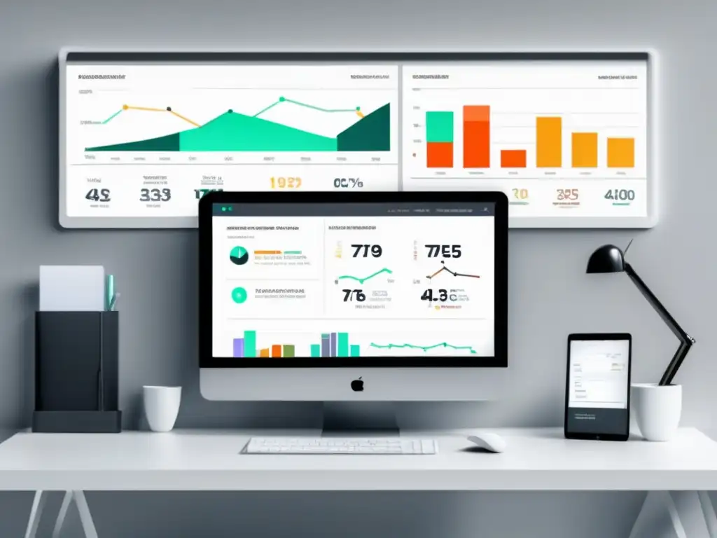Espacio de trabajo minimalista con pantalla de análisis Espacio de trabajo minimalista con pantalla de análisis de campaña de marketing de afiliados rentable