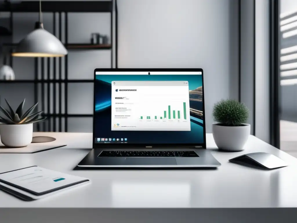 Espacio de trabajo moderno y elegante Herramientas de automatización para marketing de afiliados en un elegante espacio de trabajo minimalista con vista a la ciudad