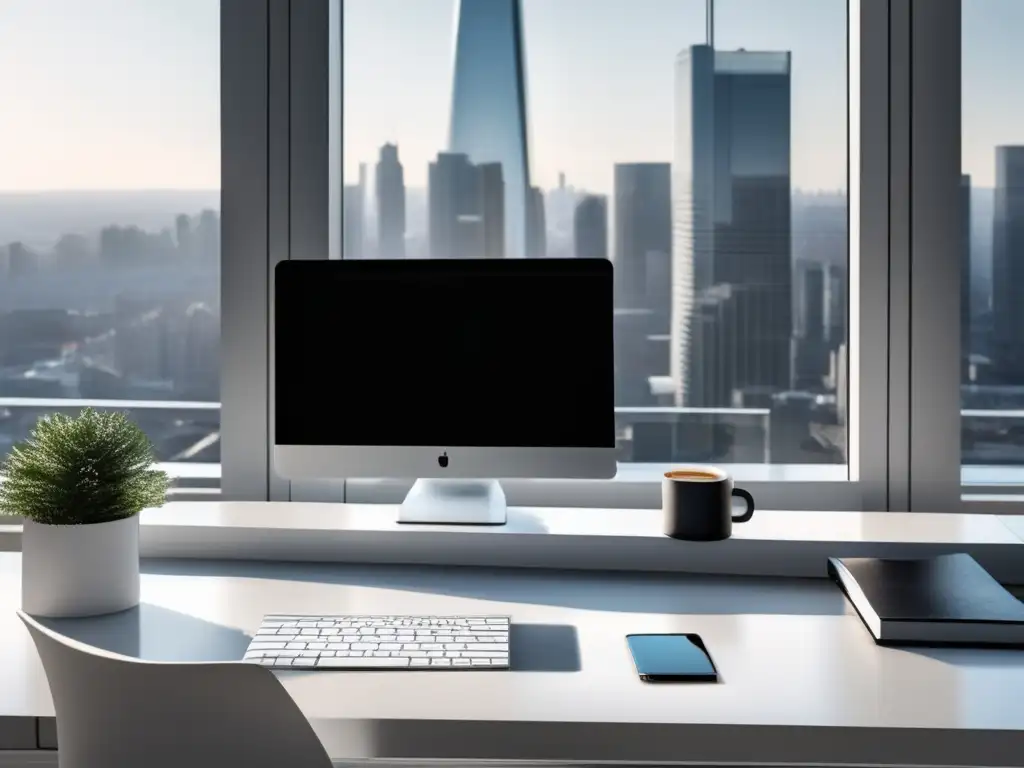 Workspace productivo y minimalista en ventana de ciudad Ejemplos de éxito en marketing de afiliados: crecimiento de ingresos