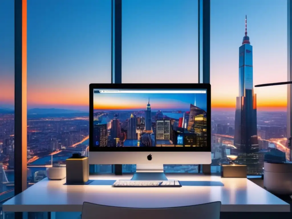 Espacio de trabajo minimalista y moderno Espacio de trabajo minimalista con vista a la ciudad al atardecer y herramientas secretas de marketing de afiliados