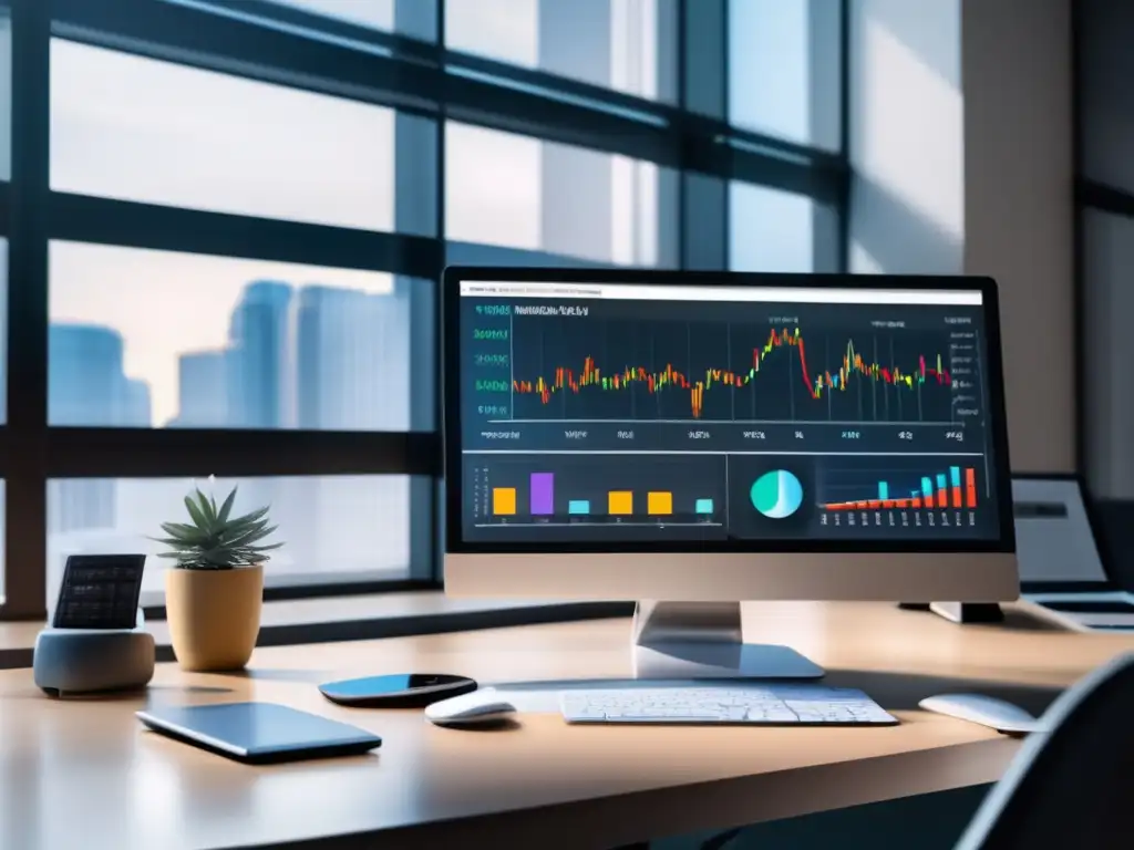 Espacio de trabajo minimalista con monitor mostrando gráficos y herramientas de análisis Espacio de trabajo minimalista con monitor mostrando gráficos y herramientas de análisis