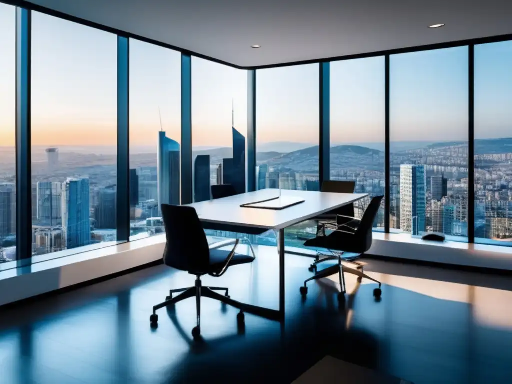 Imagen de un espacio de trabajo de marketing digital con vistas a la ciudad, mostrando una estética minimalista y profesional