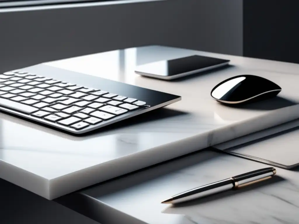 Espacio de trabajo minimalista con escritorio de mármol blanco, laptop plateada, libros, pluma y taza de café